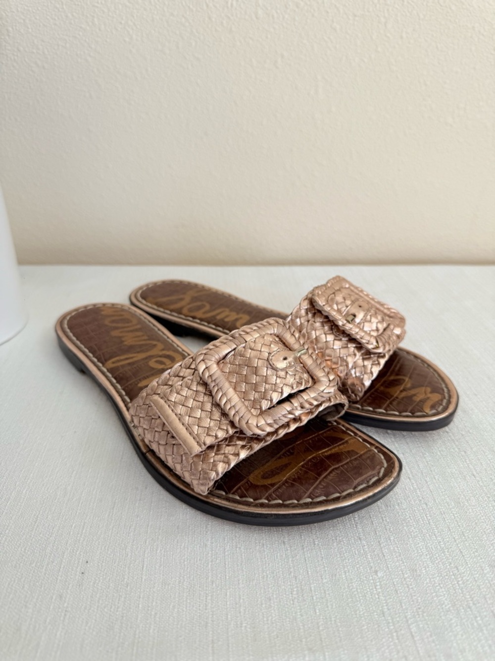 Sam Edelman Gavriela 2 Rose Gold Woven Leather Buckle Slide Sandals